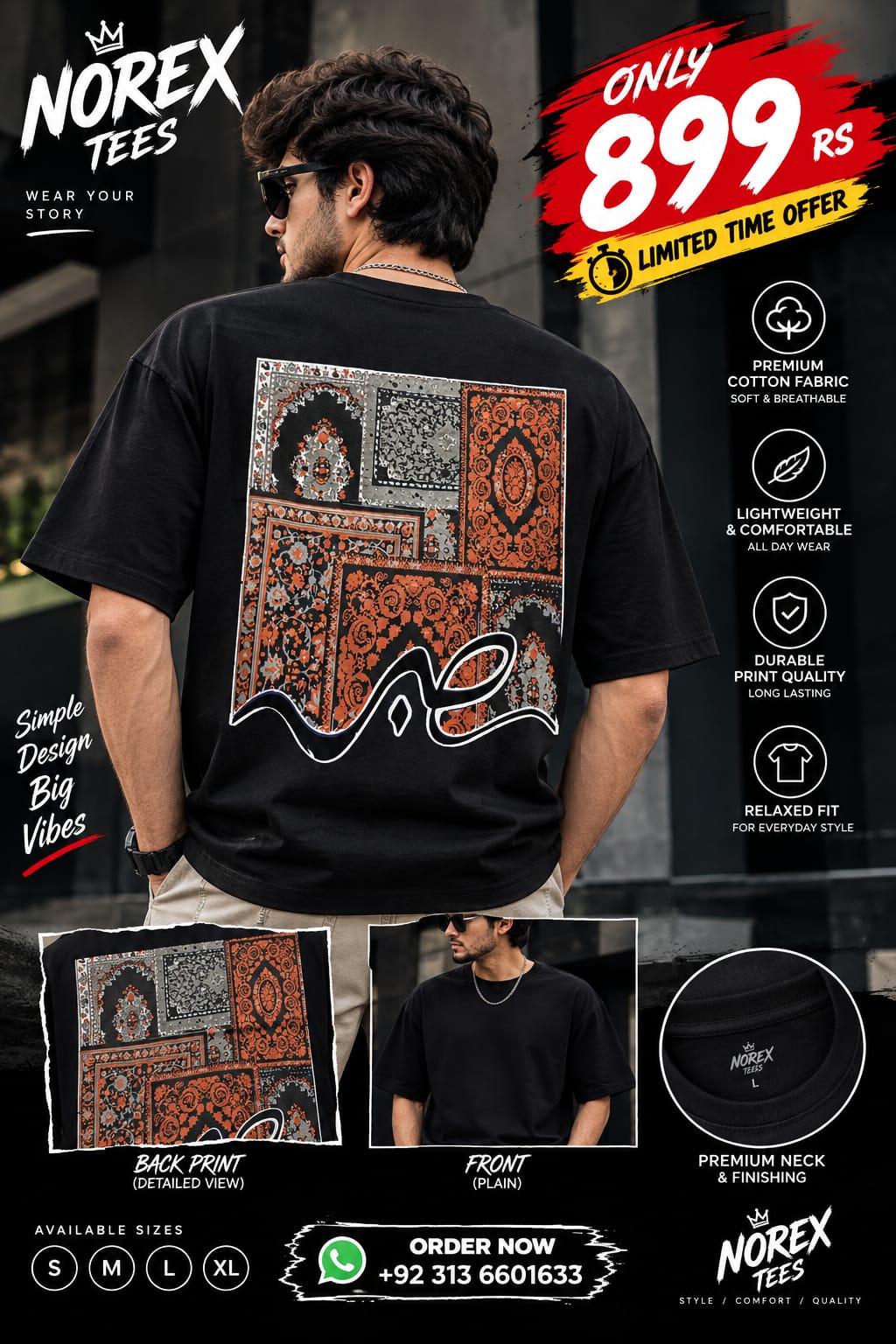 NOREX TEES Black Oversized T-Shirt – Premium Cotton Printed Back Design