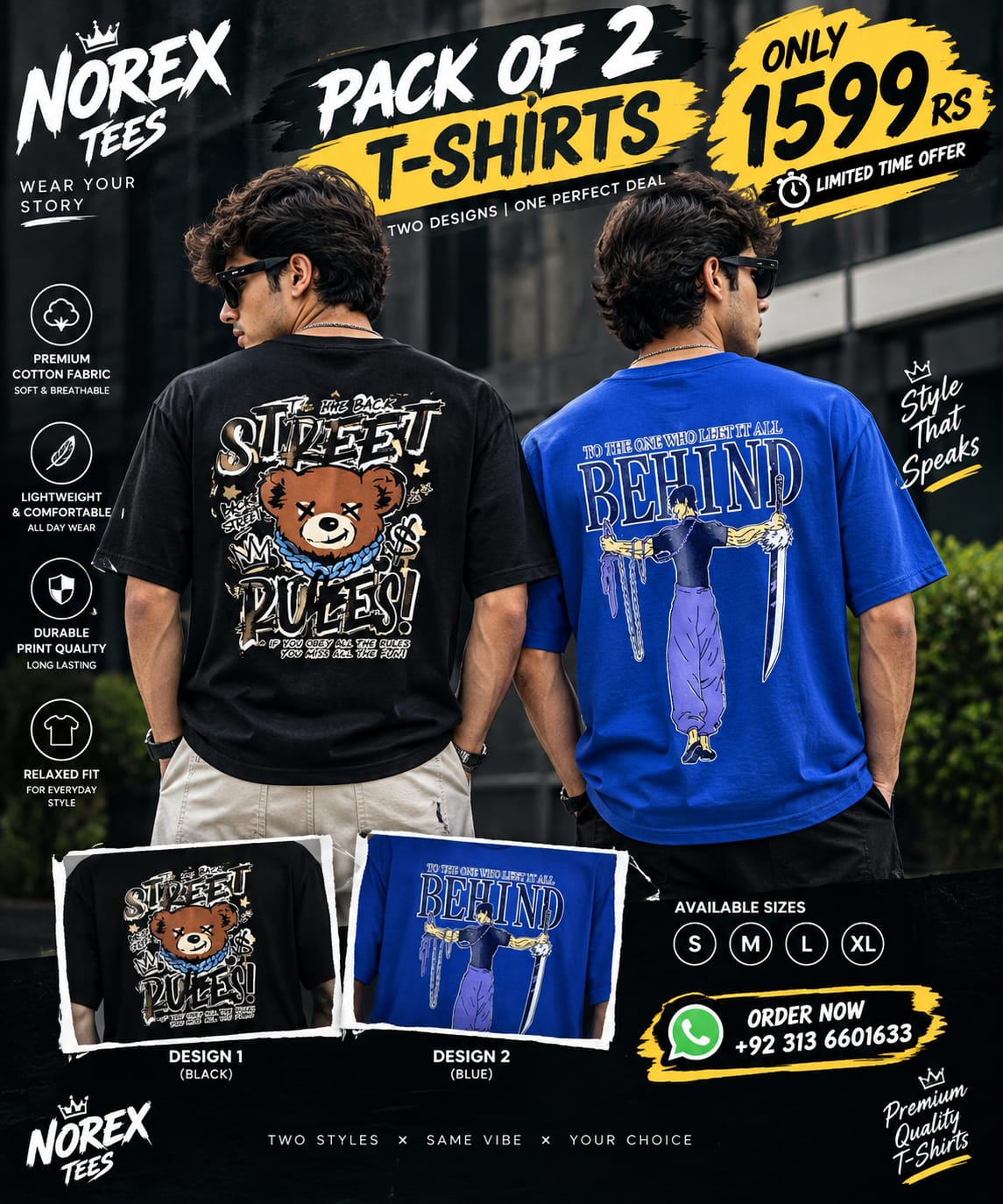 NOREX TEES Pack of 2 T-Shirts for Men – Black & Blue Premium Cotton Combo